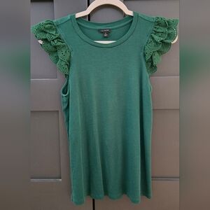 Ann Taylor Green Double Ruffle Cap Sleeve Top